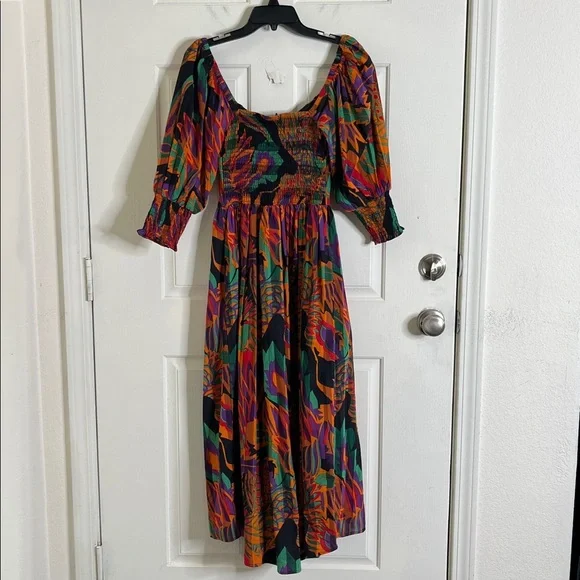 HOUSE OF HARLOW by Nicole Richie Cotton Smocked Dress Puff Sleeve Meadow Pink XS - Picture 6 of 10